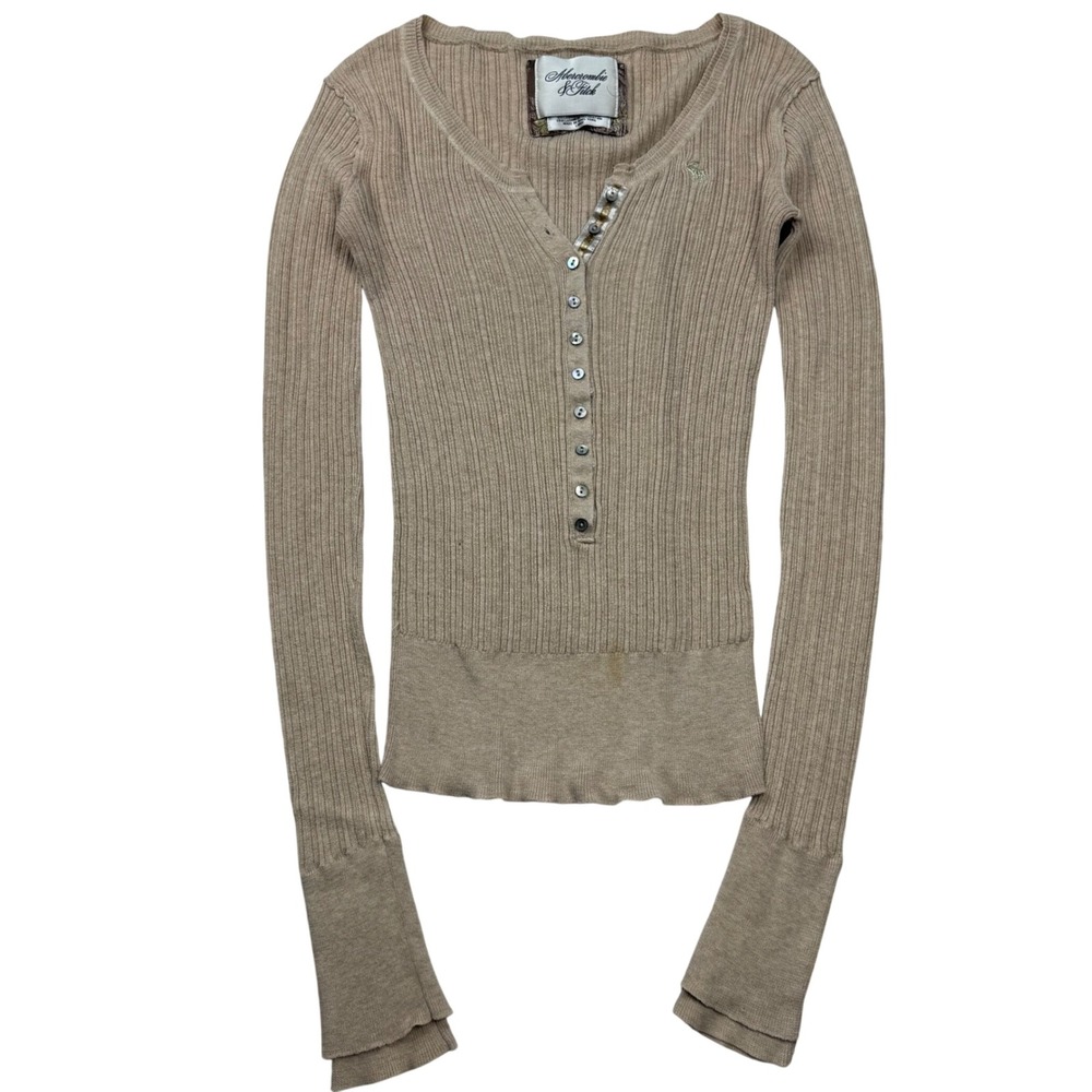VTG Y2K Abercrombie & Fitch Tan Fitted Ribbed Henley Long Sleeve Top Sz L Cotton